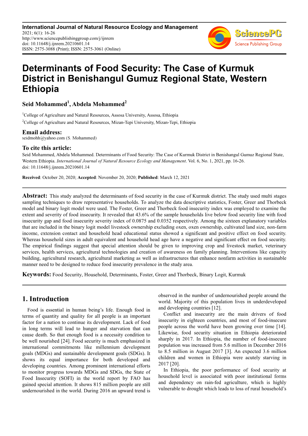 Determinants of Food Security: the Case of Kurmuk District in Benishangul Gumuz Regional State, Western Ethiopia