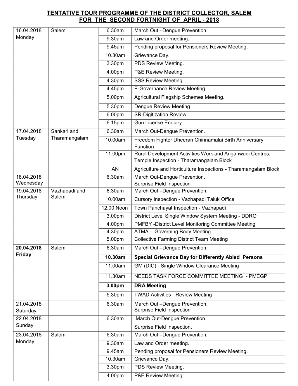 Tentative Tour Programme of the District Collector, Salem for the Second Fortnight of April - 2018