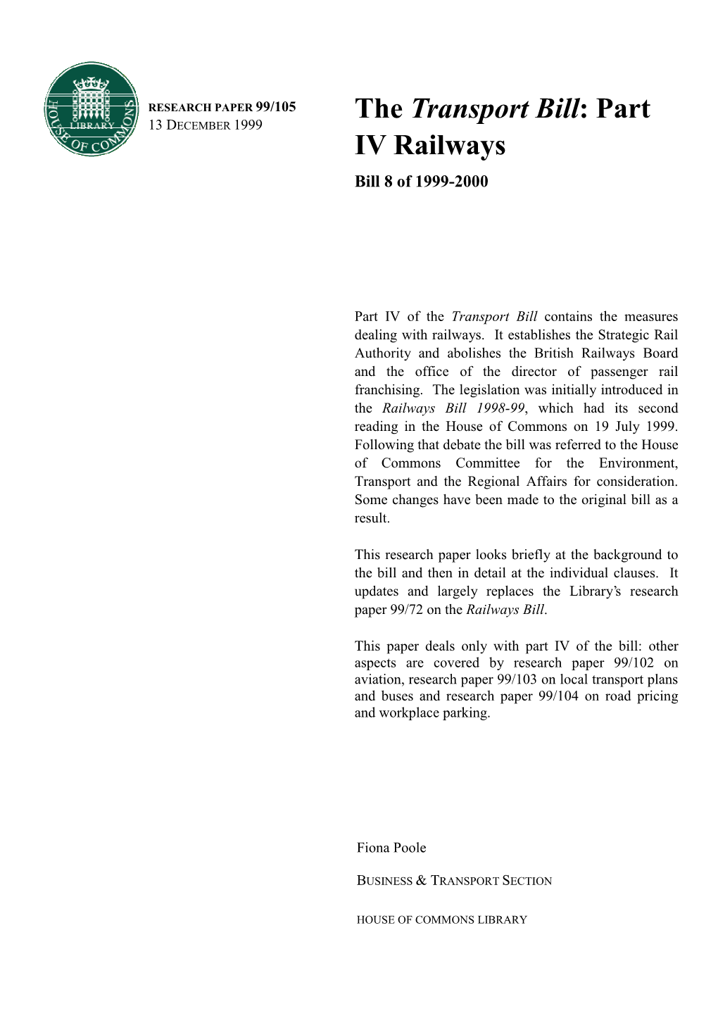 Part IV Railways Bill 8 of 1999-2000