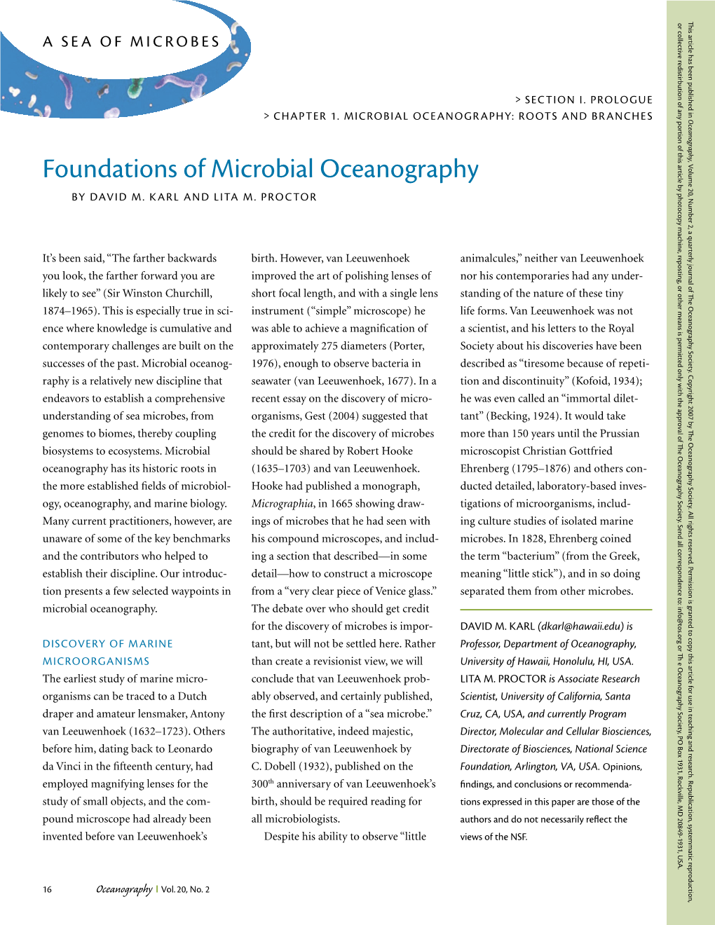 Foundations of Microbial Oceanography , Volume 2, a Quarterly 20, Number the O Journal of by David M