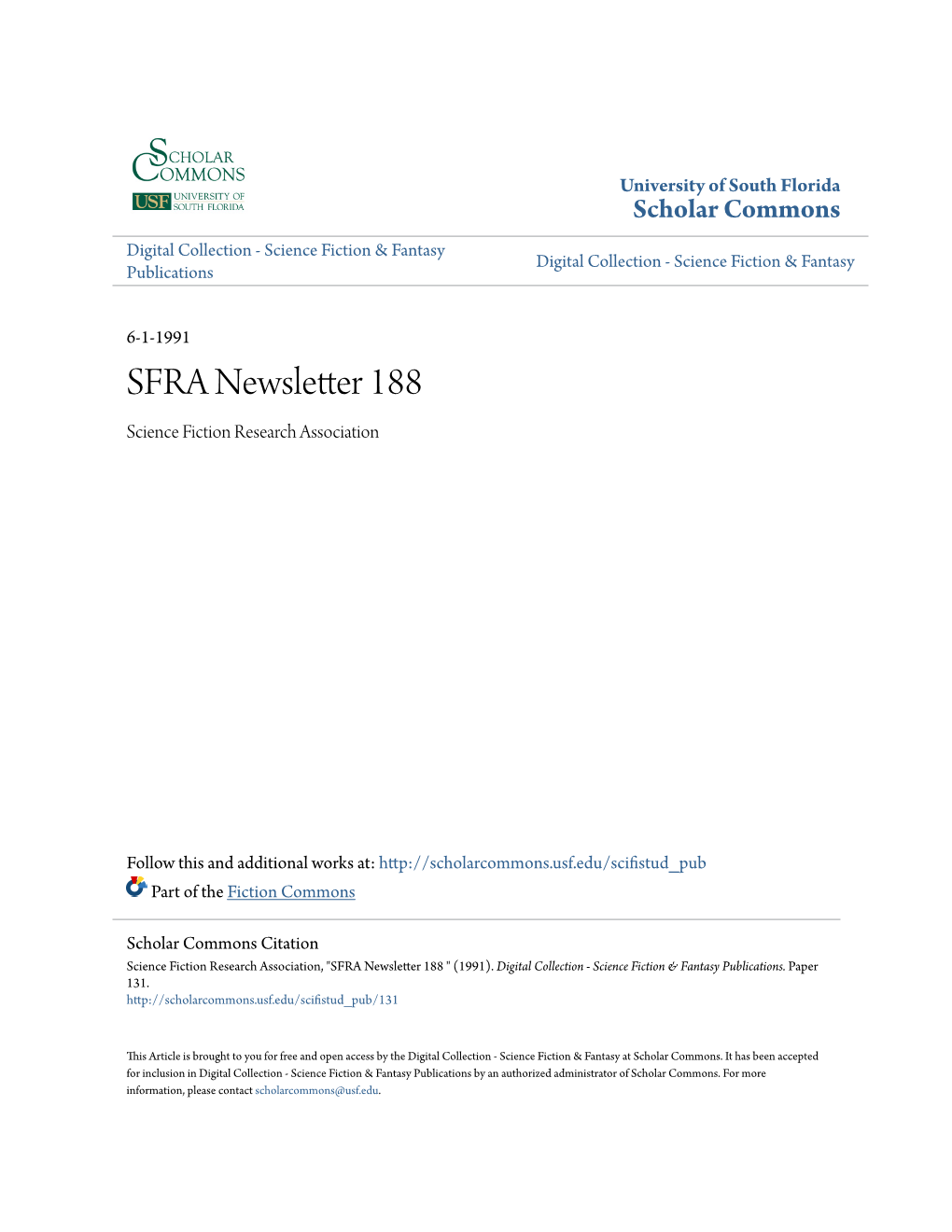 SFRA Newsletter, 188, June 1991 in This Issue: President's Message (Lowentrout)
