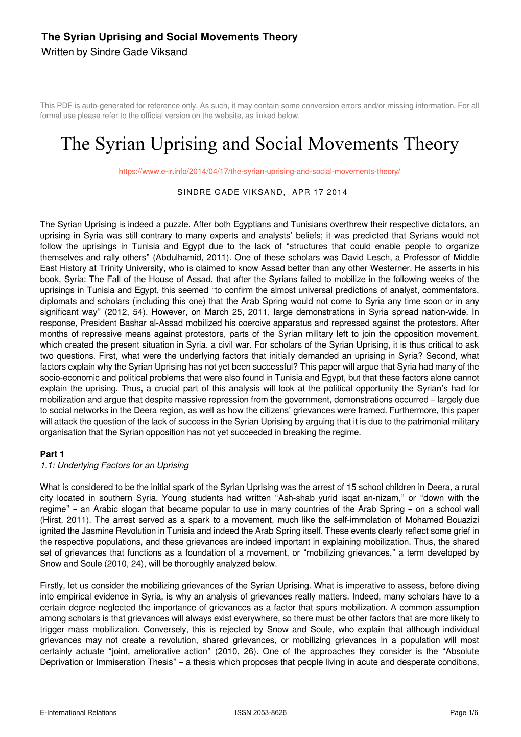 The Syrian Uprising and Social Movements Theory Written by Sindre Gade Viksand