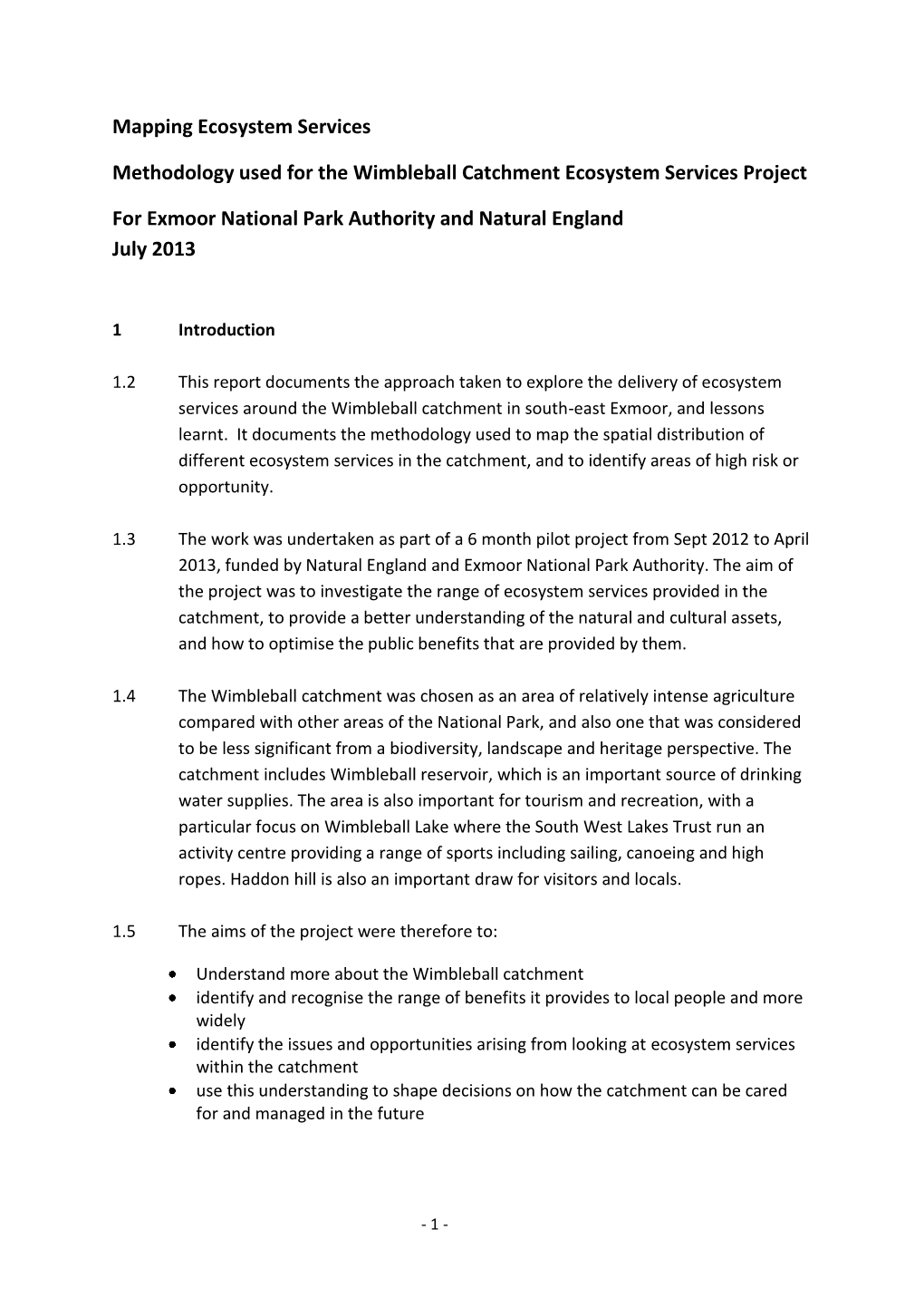 Wimbleball Catchment Ecosystem Services Methodology Report