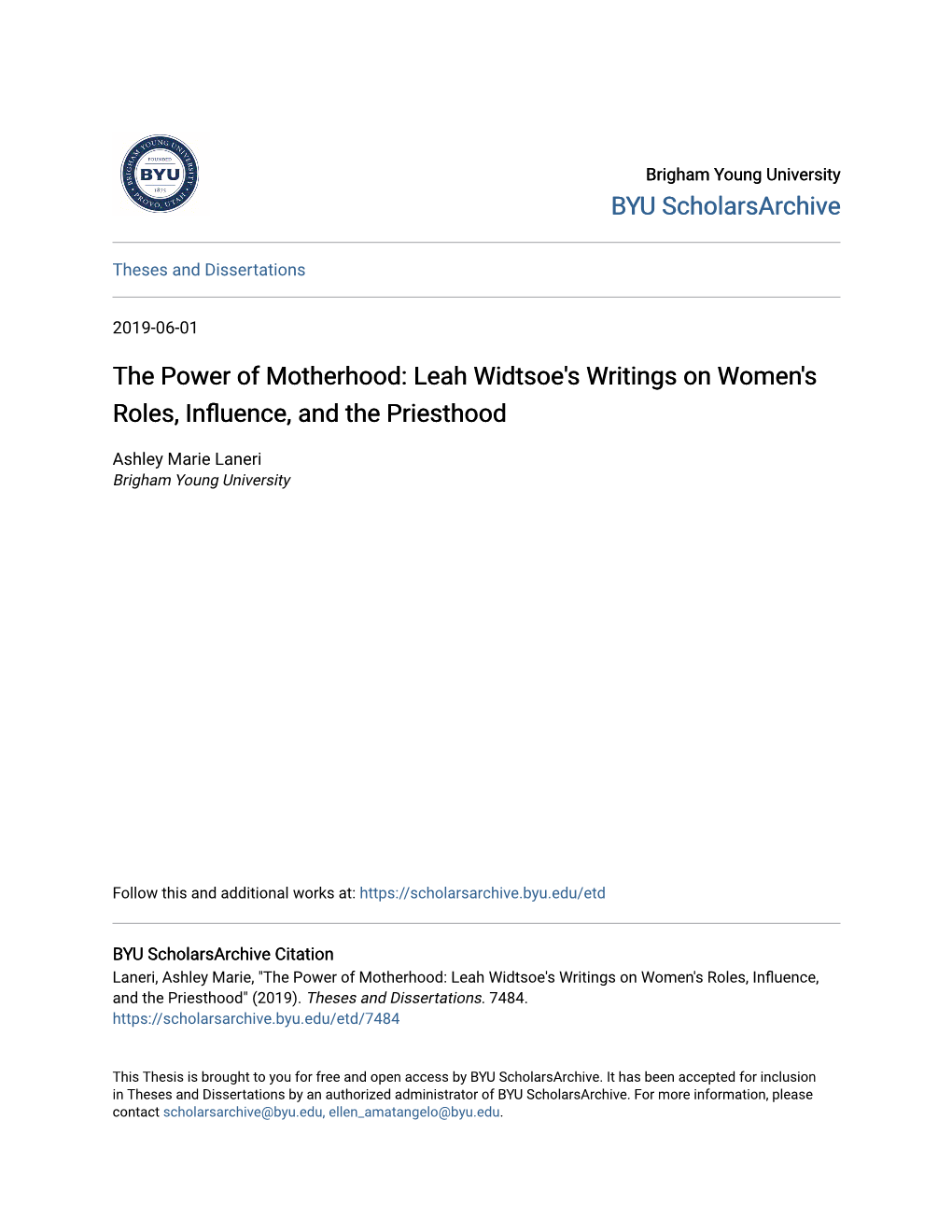 The Power of Motherhood: Leah Widtsoe's Writings on Women's Roles, Influence, and the Priesthood