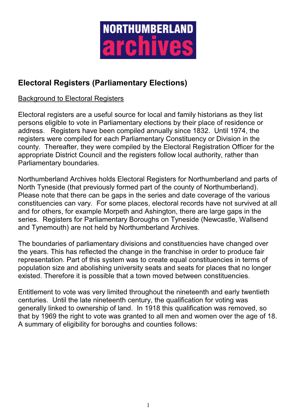 Electoral Registers Parliamentary Elections