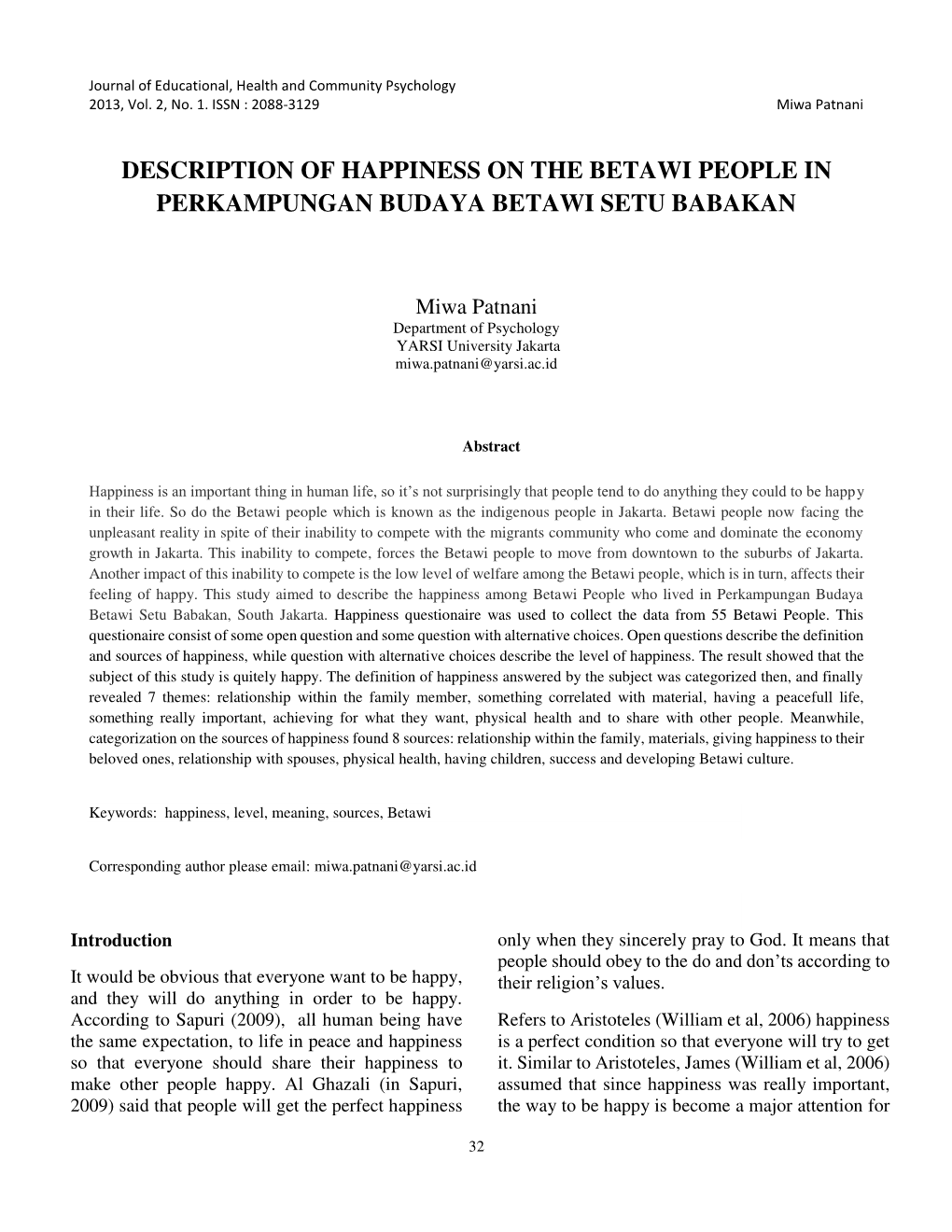 Description of Happiness on the Betawi People in Perkampungan Budaya Betawi Setu Babakan