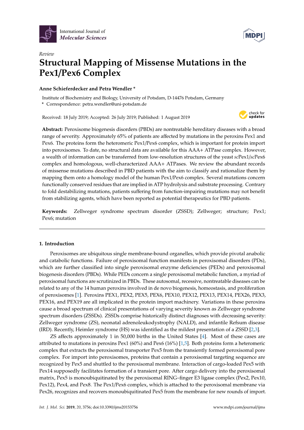 Structural Mapping of Missense Mutations in the Pex1/Pex6 Complex