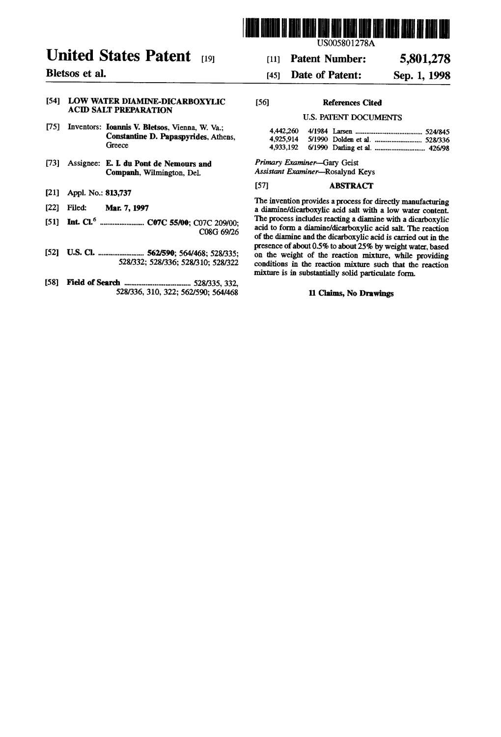 United States Patent (19) 11) Patent Number: 5,801,278 Bletsos Et Al