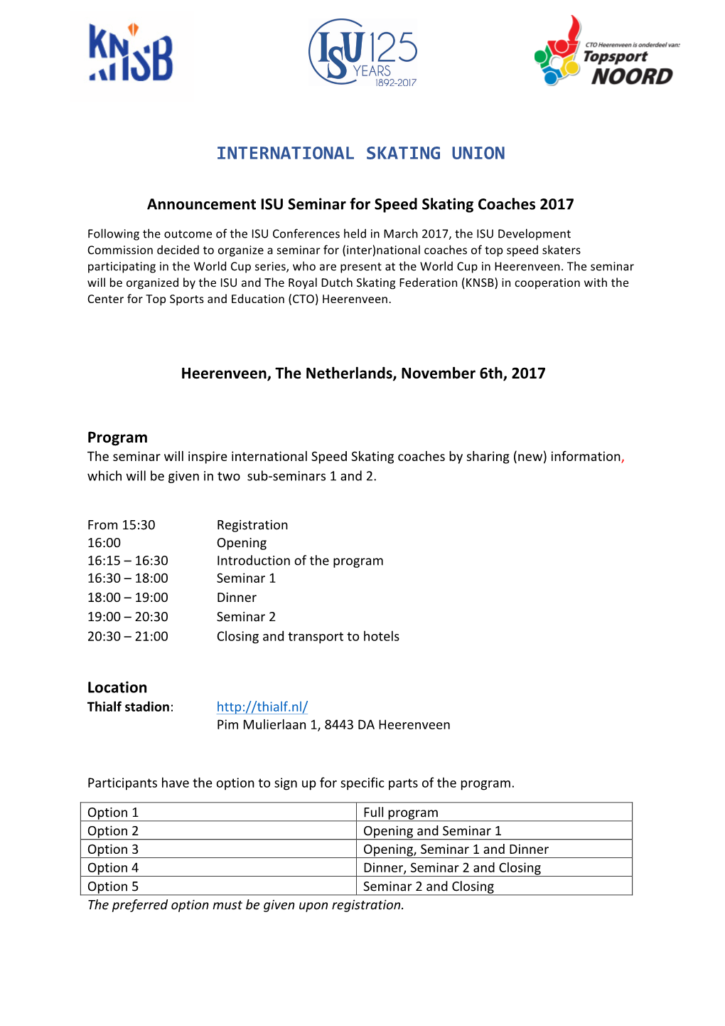 Announcement ISU Seminar for Speed Skating Coaches 2017