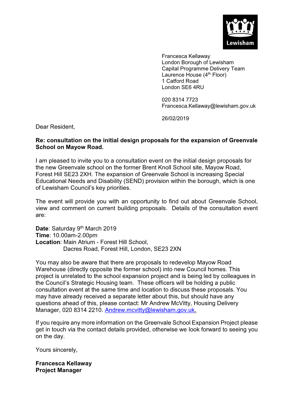 Francesca Kellaway London Borough of Lewisham Capital Programme Delivery Team Laurence House (4Th Floor) 1 Catford Road London SE6 4RU