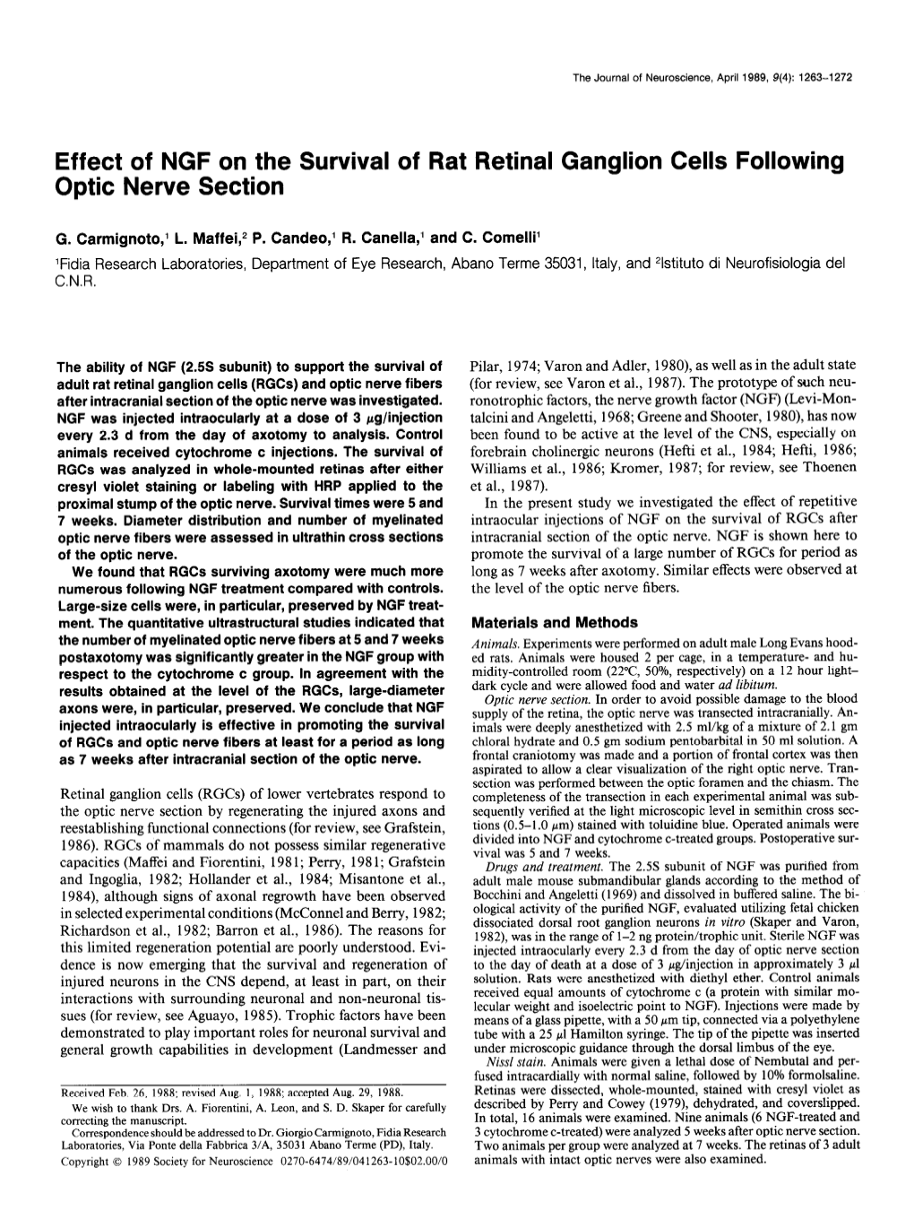 Effect of NGF on the Survival of Rat Retinal Ganglion Cells Following Optic Nerve Section