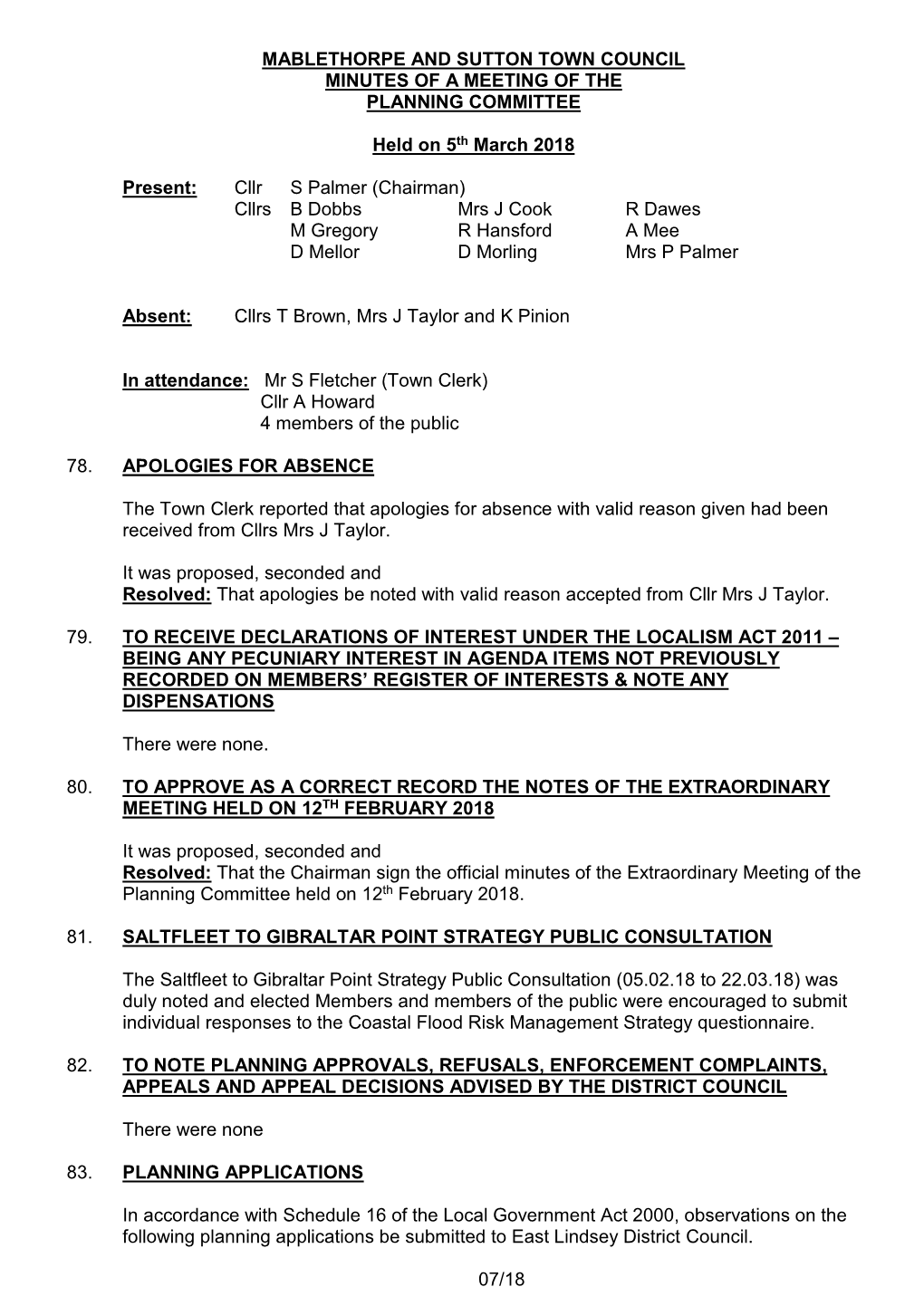 Mablethorpe and Sutton Town Council Minutes of a Meeting of the Planning Committee