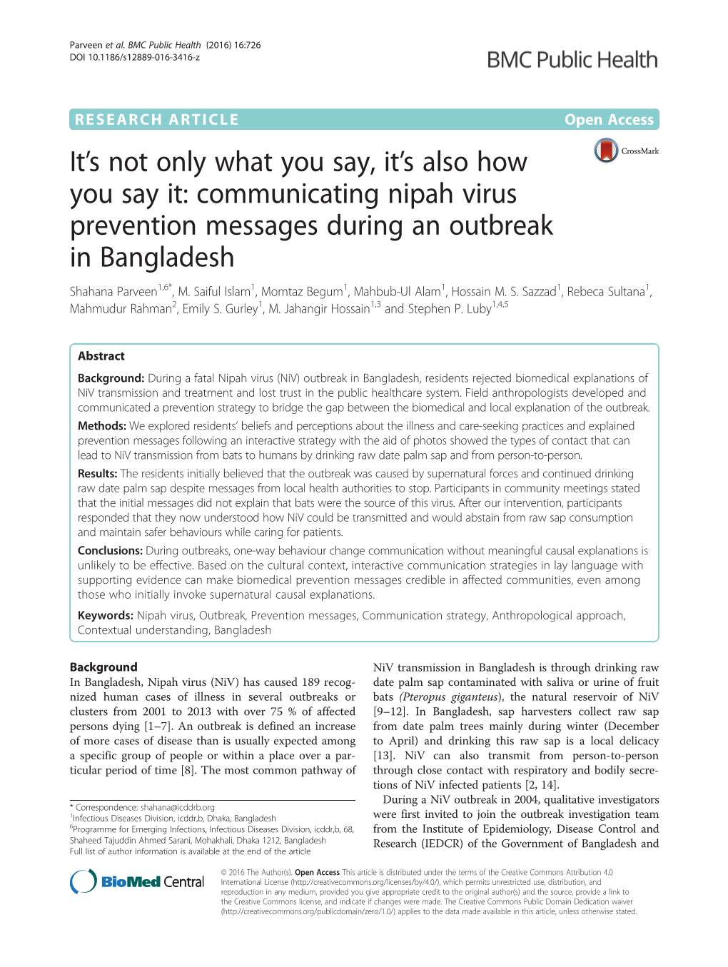 Communicating Nipah Virus Prevention Messages During an Outbreak in Bangladesh Shahana Parveen1,6*, M