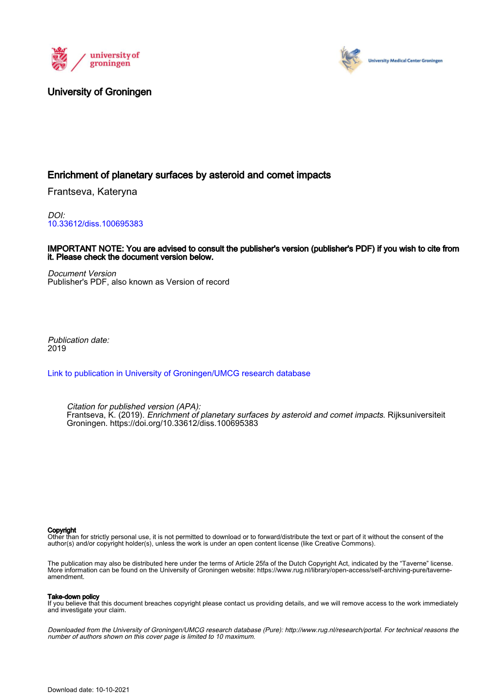 University of Groningen Enrichment of Planetary Surfaces by Asteroid And