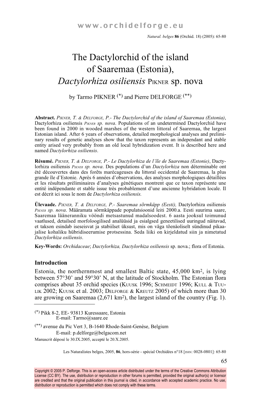 The Dactylorchid of the Island of Saaremaa (Estonia), Dactylorhiza Osiliensis PIKNER Sp
