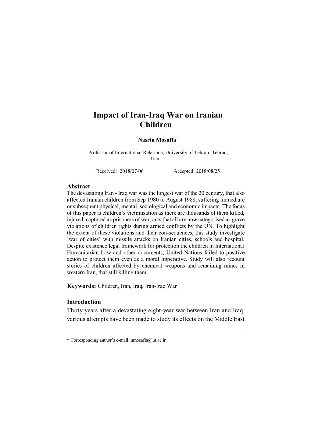 Impact of Iran-Iraq War on Iranian Children