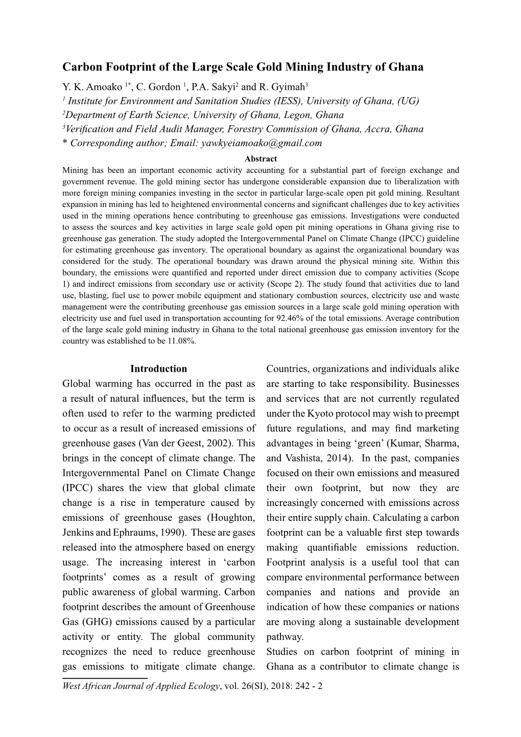 Carbon Footprint of the Large Scale Gold Mining Industry of Ghana Y