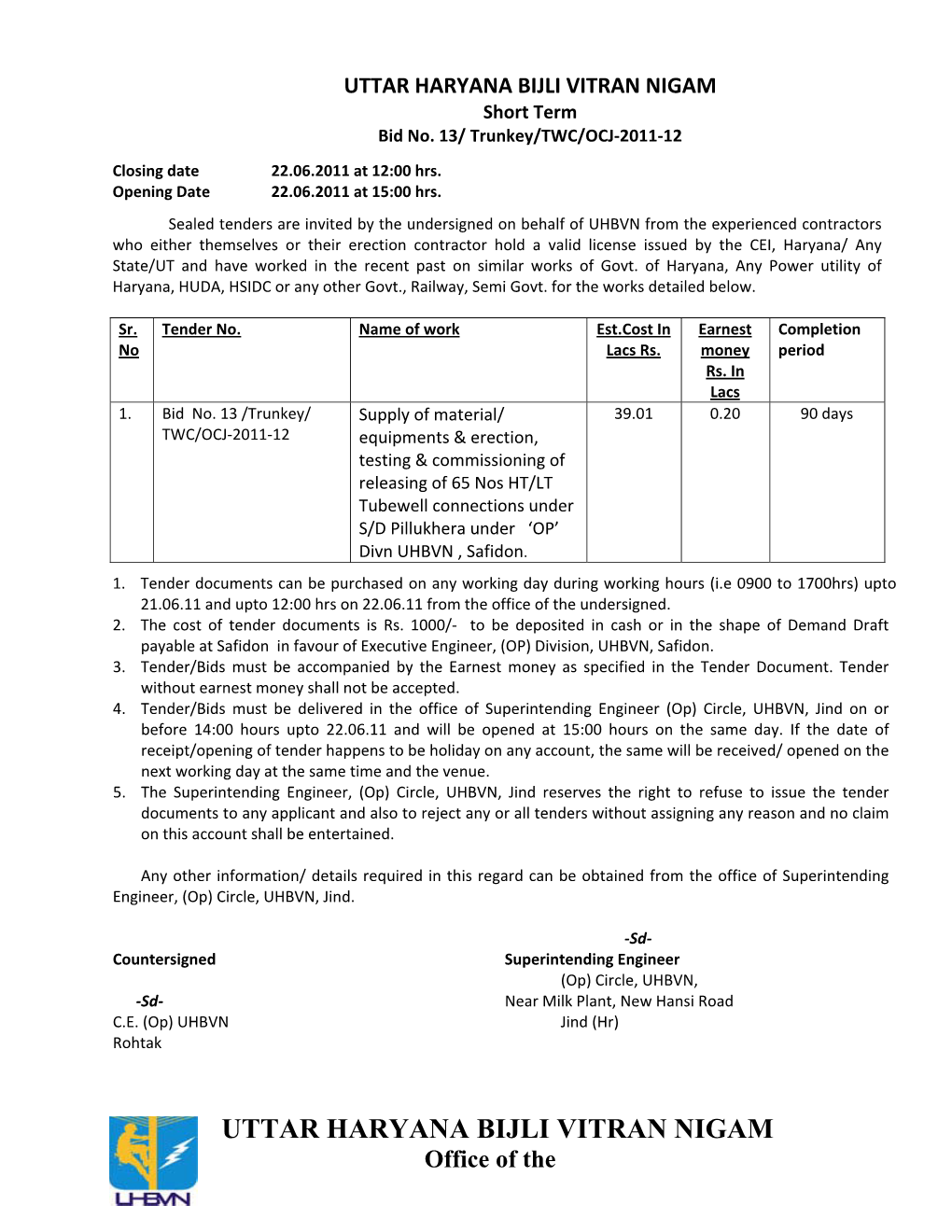 UTTAR HARYANA BIJLI VITRAN NIGAM Short Term Bid No