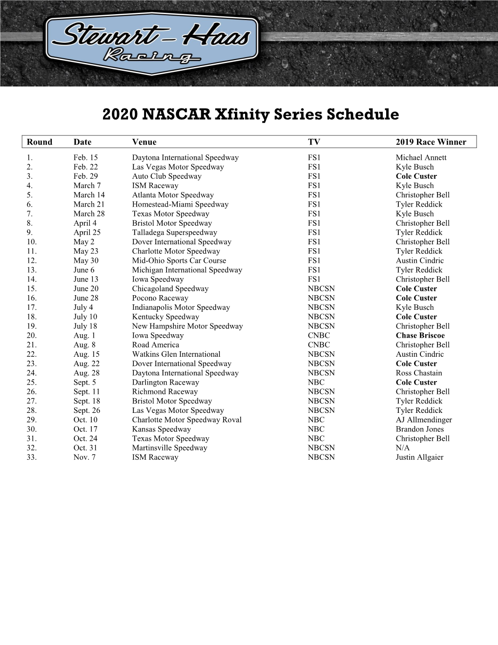 2020 NASCAR Xfinity Series Schedule