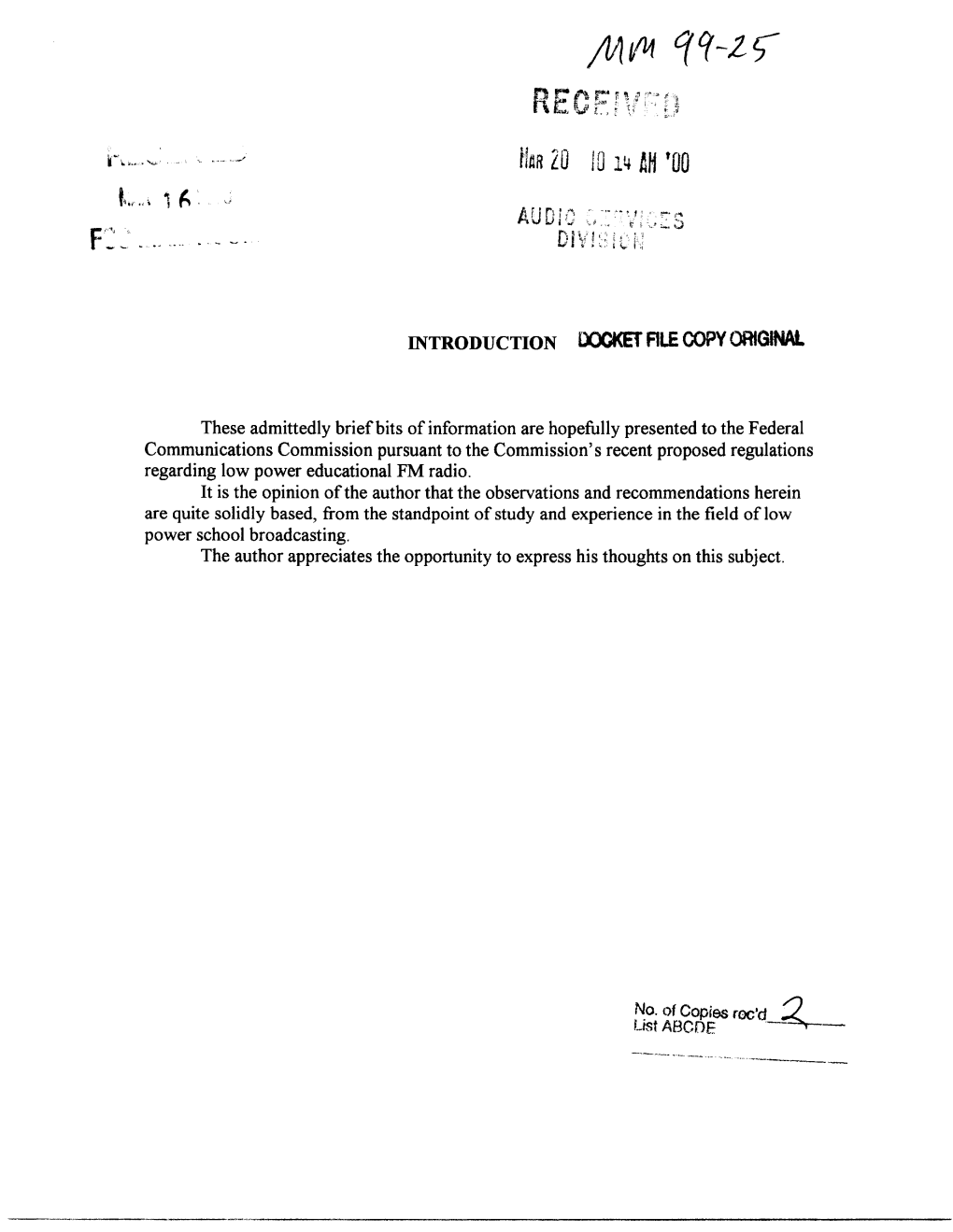 Federal Communications Commission Pursuant to the Commission's Recent Proposed Regulations Regarding Low Power Educational FM Radio