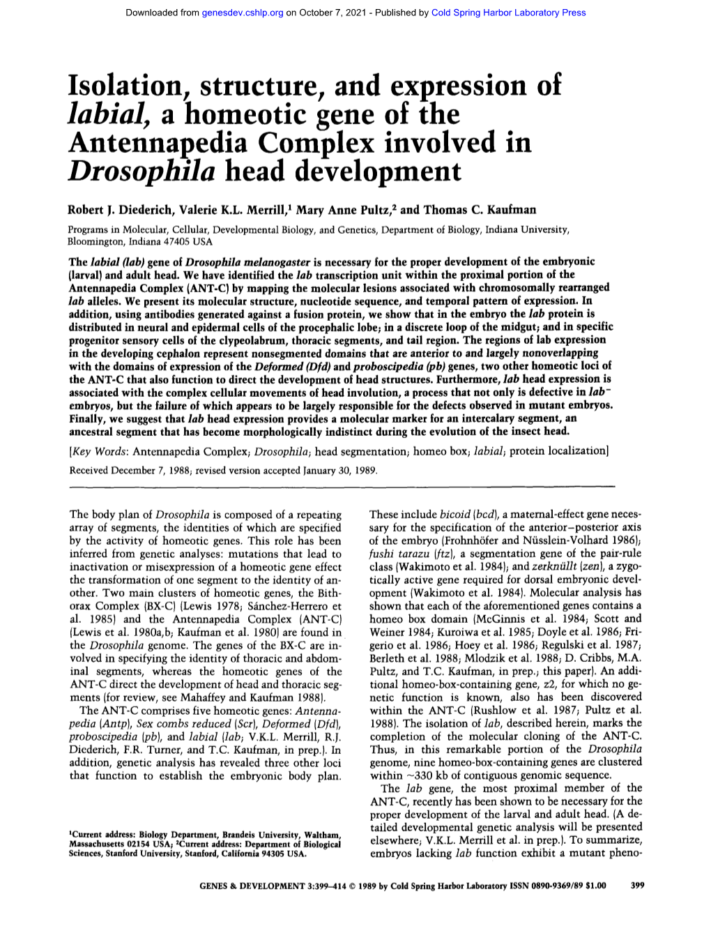 Labial, a Homeotic Gene of The