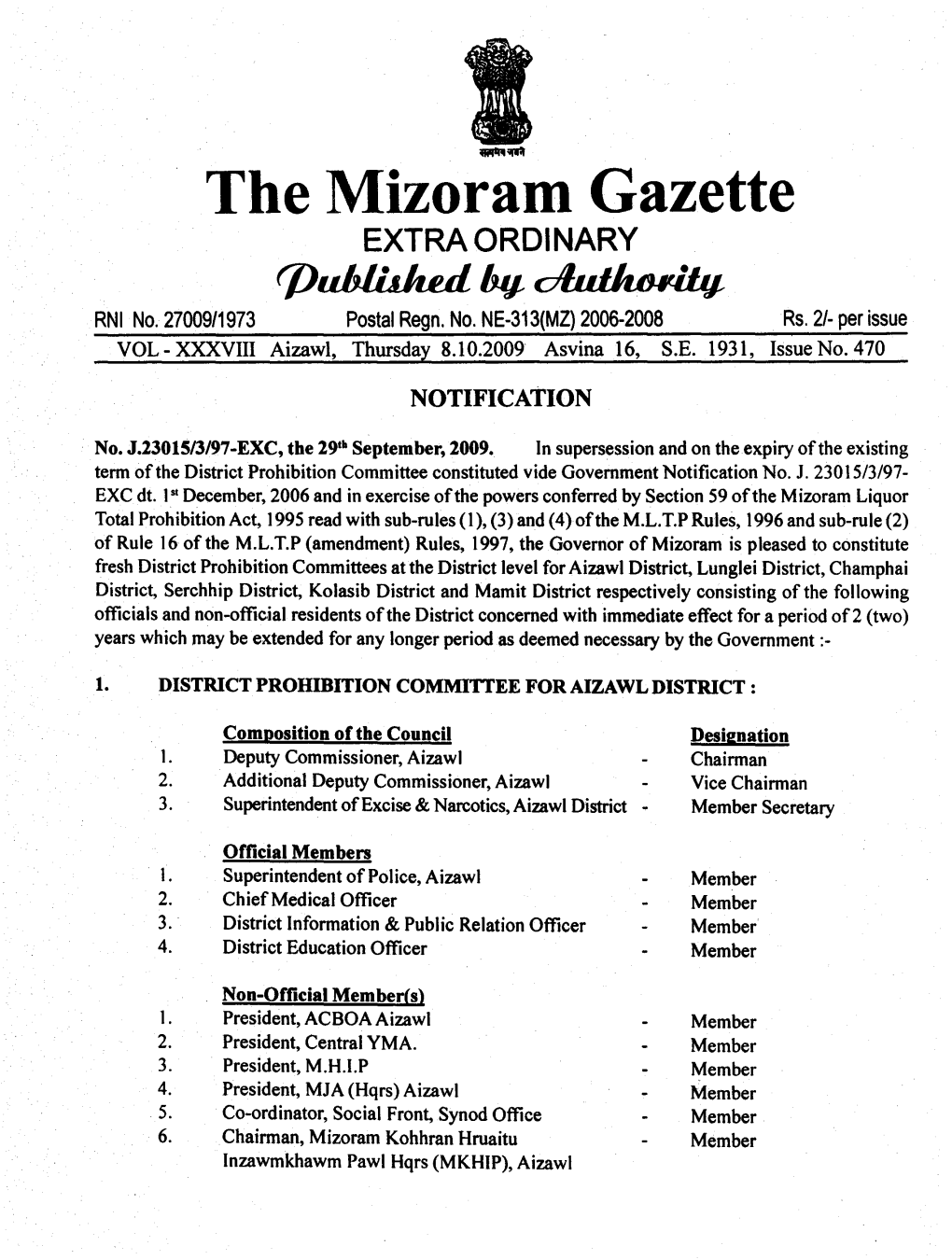 The Mizoram Gazette EXTRA ORDINARY Qju1jjhitul Hy Dlujjuutjly, RNI No