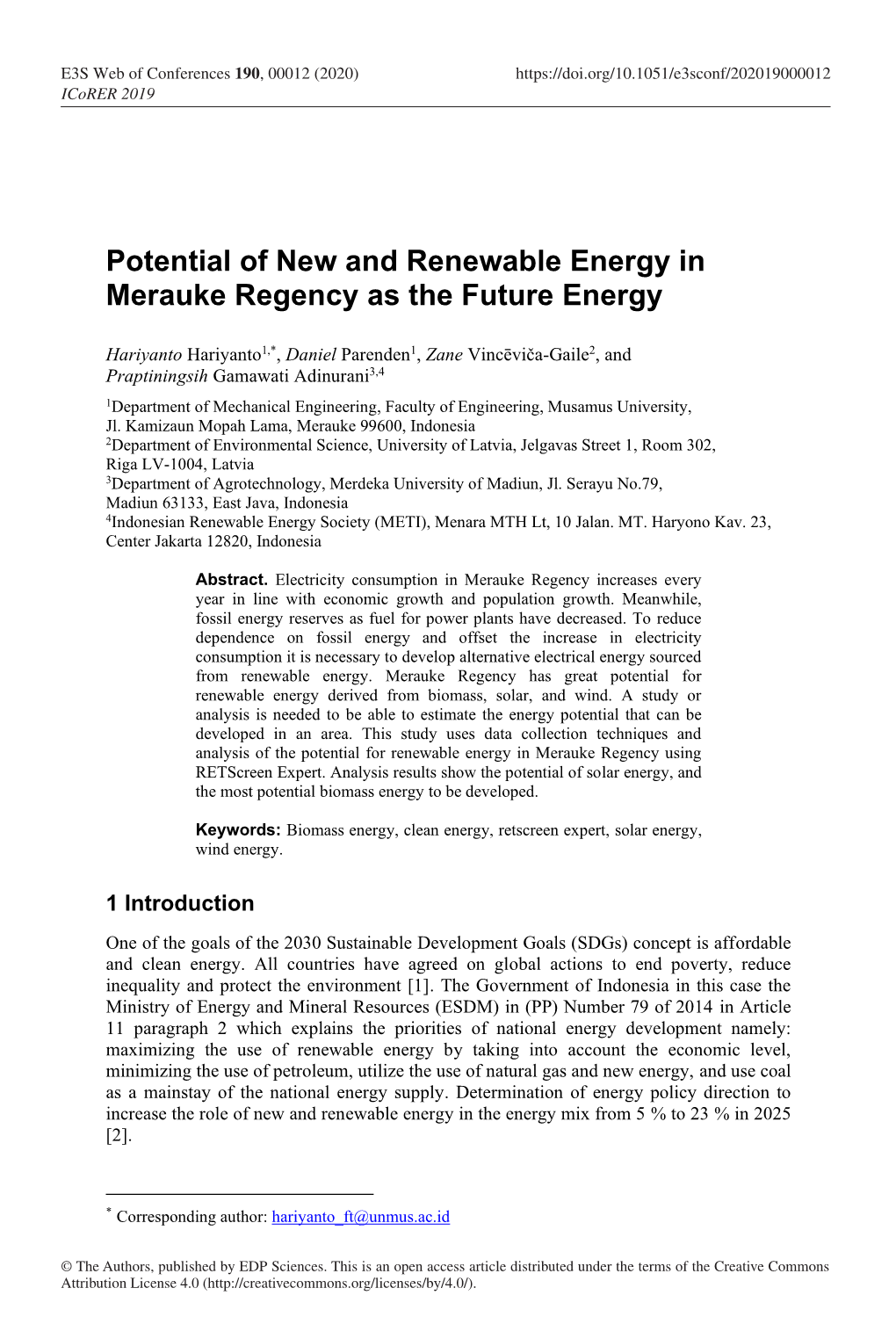 Potential of New and Renewable Energy in Merauke Regency As the Future Energy