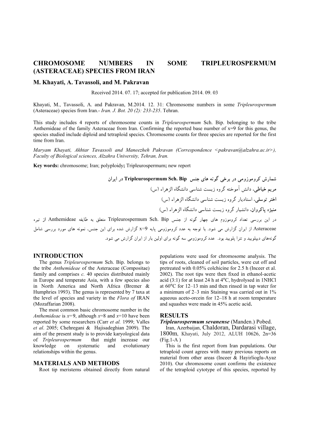 Chromosome Numbers in Some Tripleurospermum (Asteraceae) Species from Iran