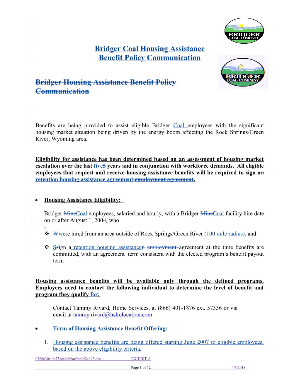 Bridger Housing Assistance Benefit Policy Communication