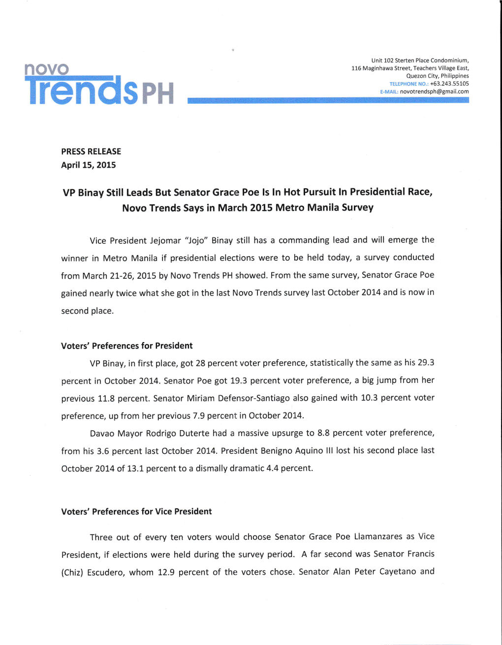 NOVO TRENDS PH Survey March 21-16 2015