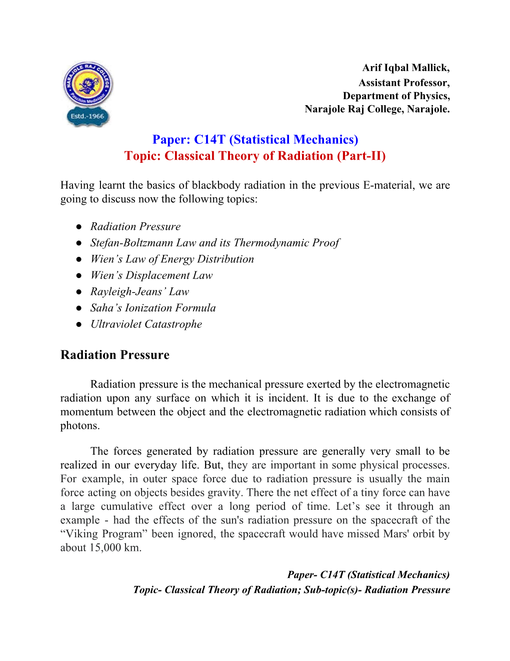 C14T (Statistical Mechanics) Topic: Classical Theory of Radiation (Part-II)