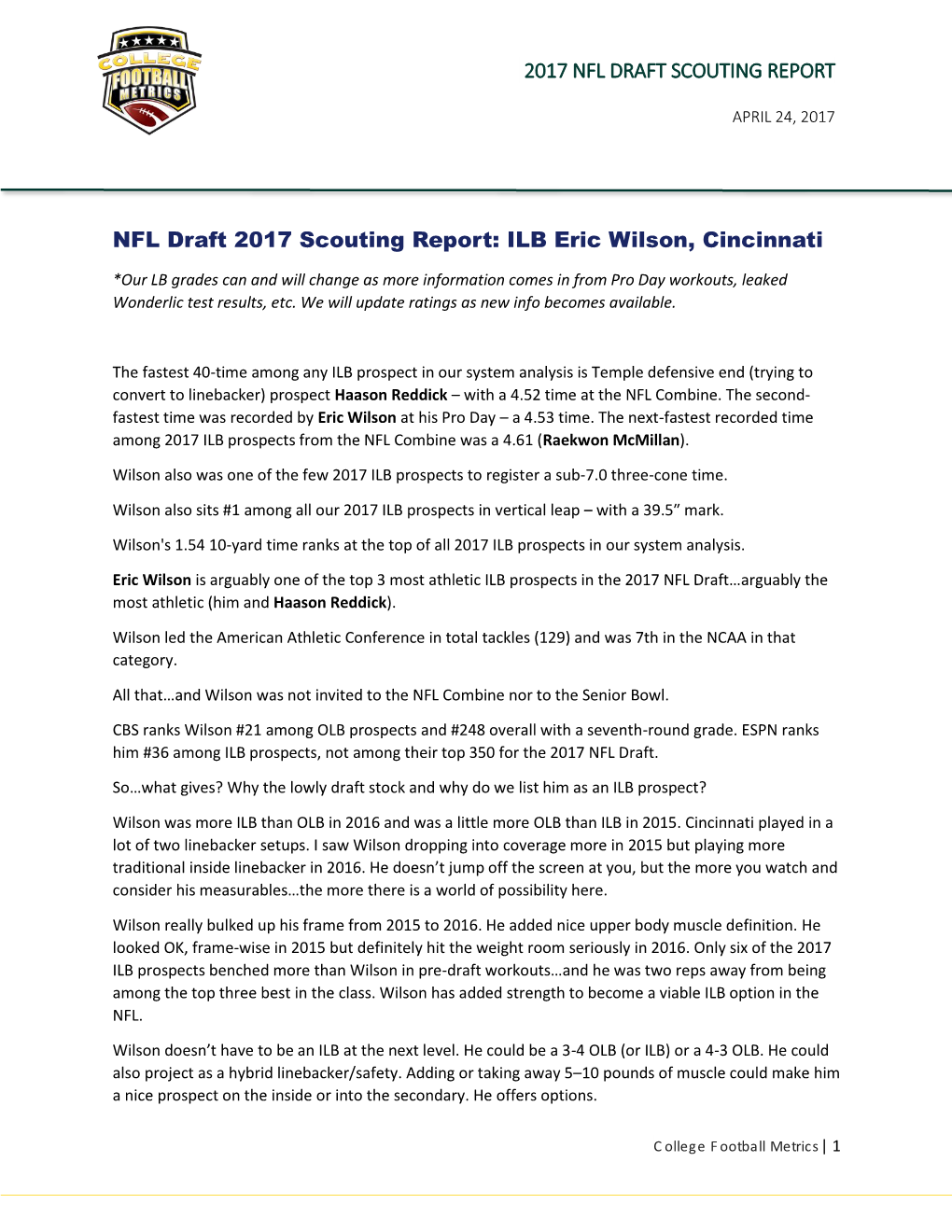 2017 NFL DRAFT SCOUTING REPORT NFL Draft 2017 Scouting Report: ILB Eric Wilson, Cincinnati