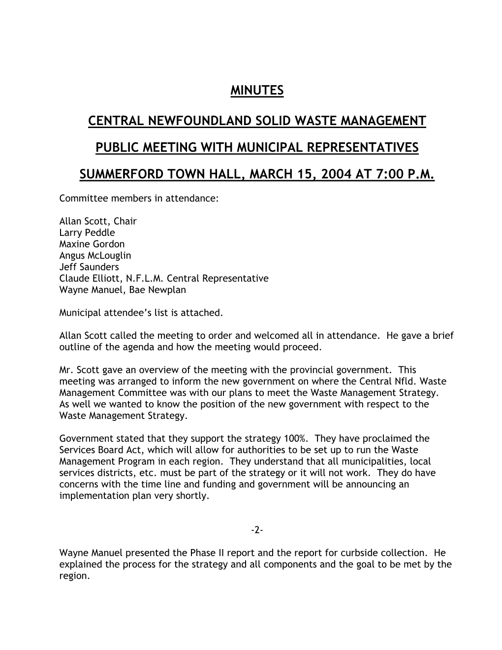 Minutes Central Newfoundland Solid Waste