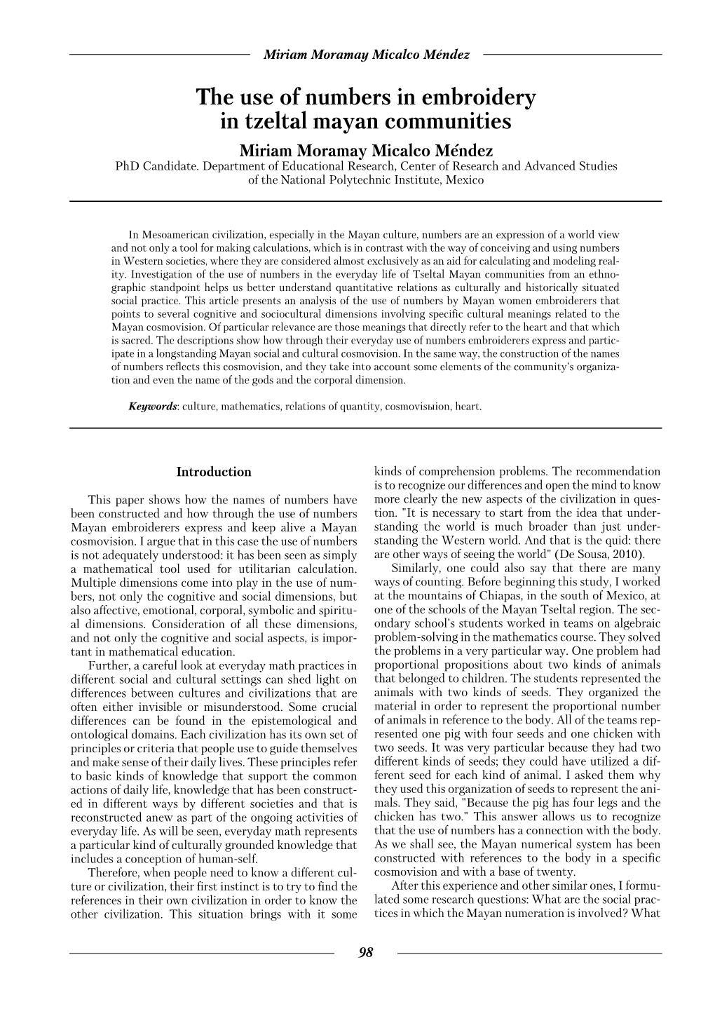 The Use of Numbers in Embroidery in Tzeltal Mayan Communities Miriam Moramay Micalco Mendez` Phd Candidate