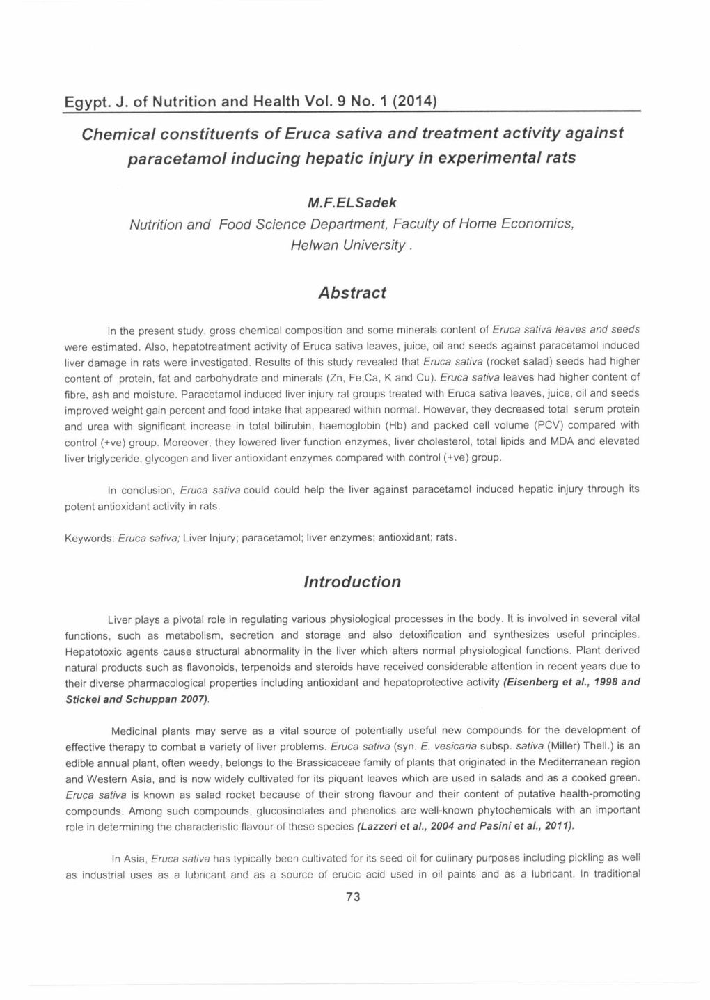 Chemical Constituents of Eruca Sativa and Treatment Activity Against Paracetamol Inducing Hepatic Injury in Experimental Rats