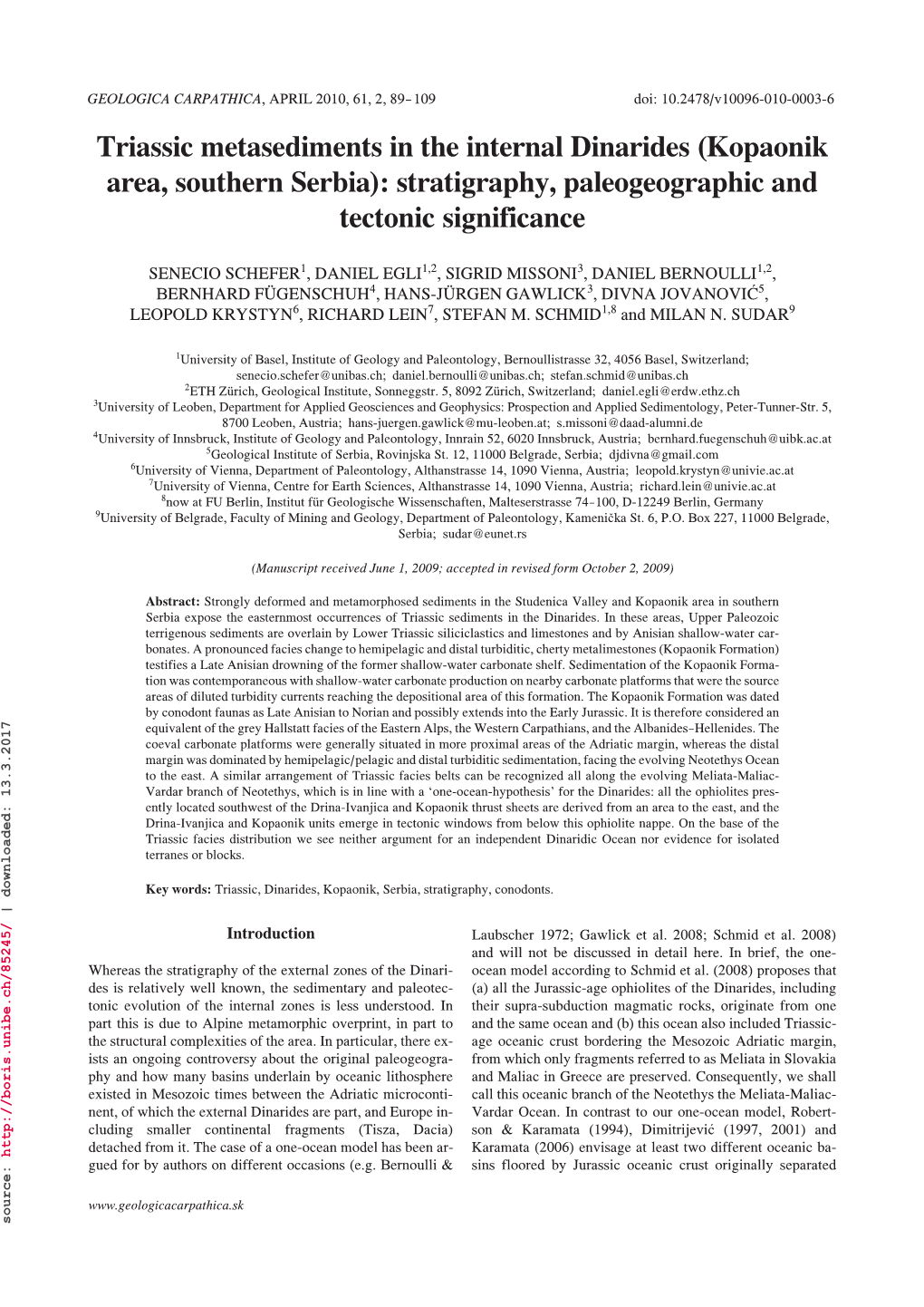 Triassic Metasediments in the Internal Dinarides (Kopaonik Area, Southern Serbia): Stratigraphy, Paleogeographic and Tectonic Significance