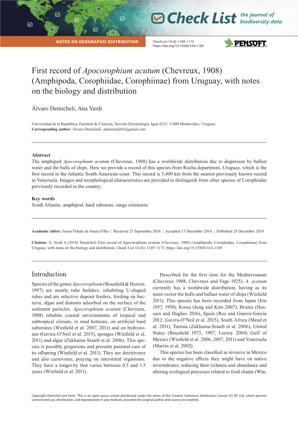 First Record of Apocorophium Acutum (Chevreux, 1908) (Amphipoda, Corophiidae, Corophiinae) from Uruguay, with Notes on the Biology and Distribution