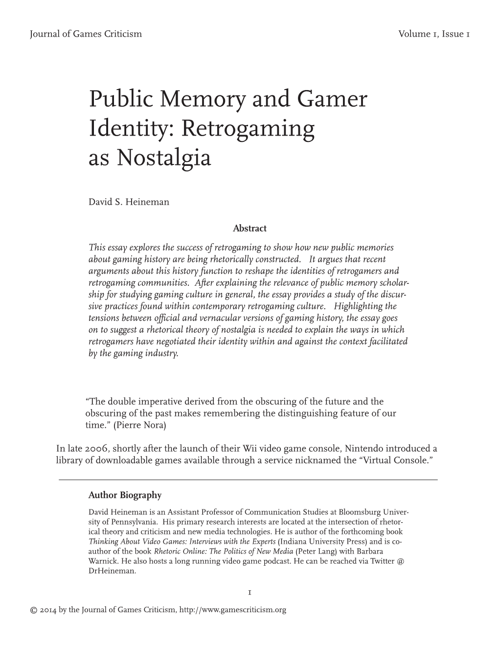 Public Memory and Gamer Identity: Retrogaming As Nostalgia