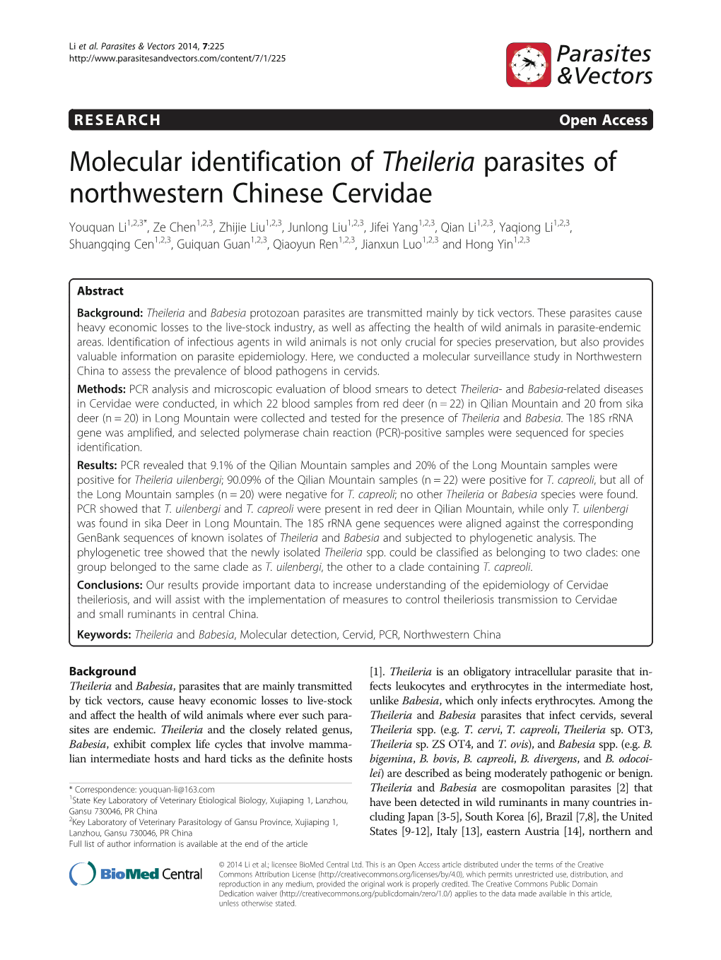 Molecular Identification of Theileria Parasites of Northwestern Chinese