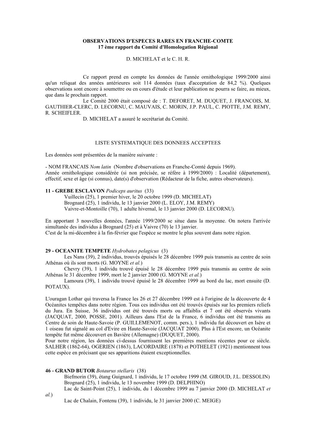 OBSERVATIONS D'especes RARES EN FRANCHE-COMTE 17 Ème Rapport Du Comité D'homologation Régional