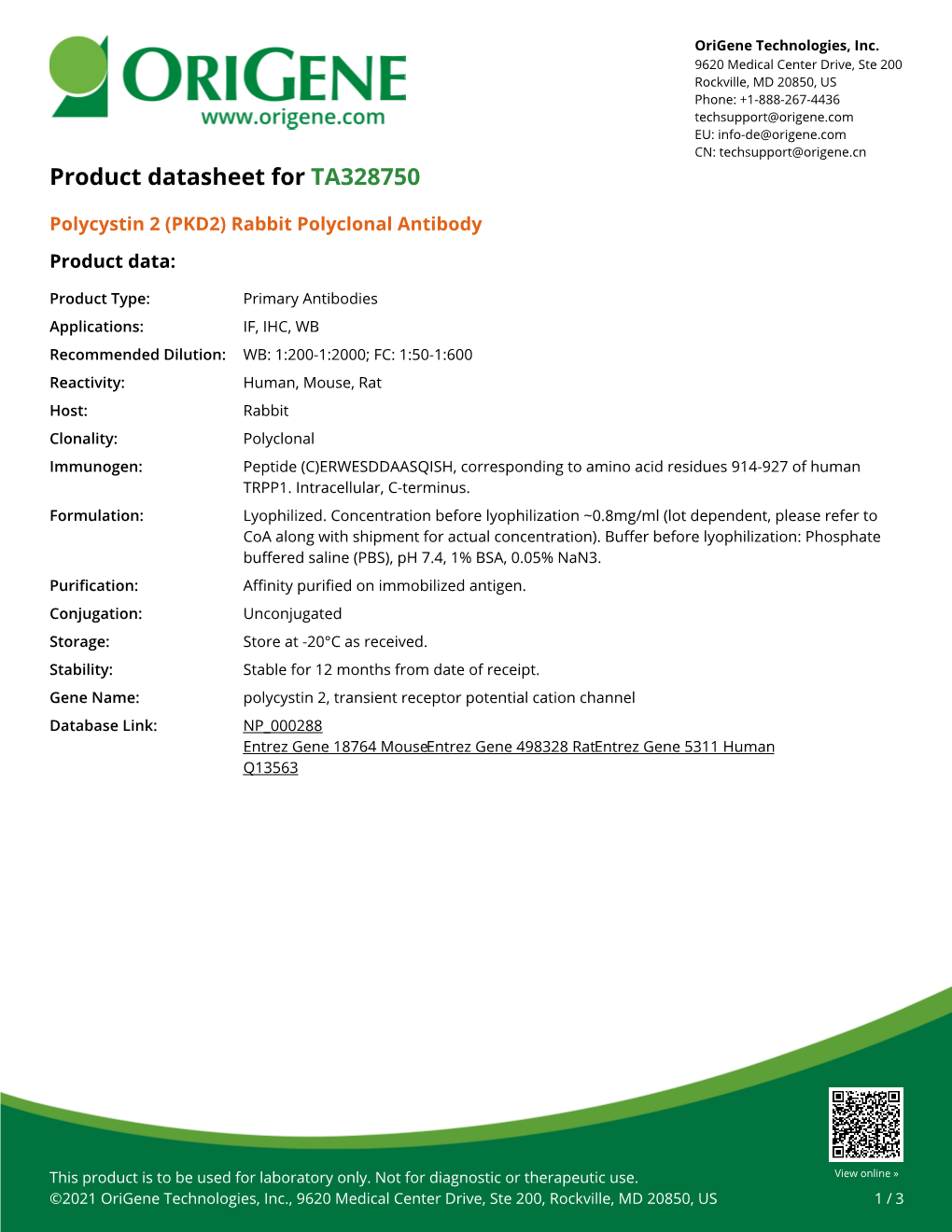 Polycystin 2 (PKD2) Rabbit Polyclonal Antibody – TA328750 | Origene