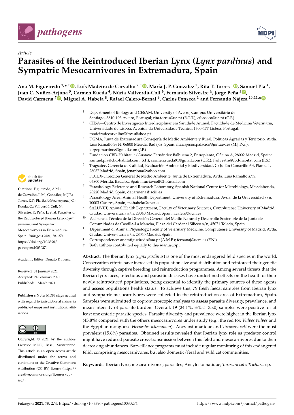 Parasites of the Reintroduced Iberian Lynx (Lynx Pardinus) and Sympatric Mesocarnivores in Extremadura, Spain