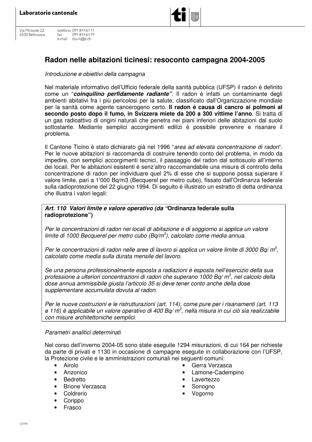 Radon Nelle Abitazioni Ticinesi: Resoconto Campagna 2004-2005