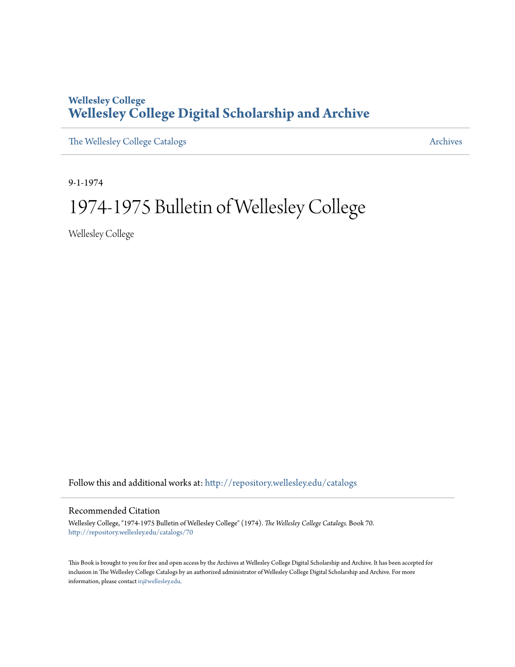 1974-1975 Bulletin of Wellesley College Wellesley College