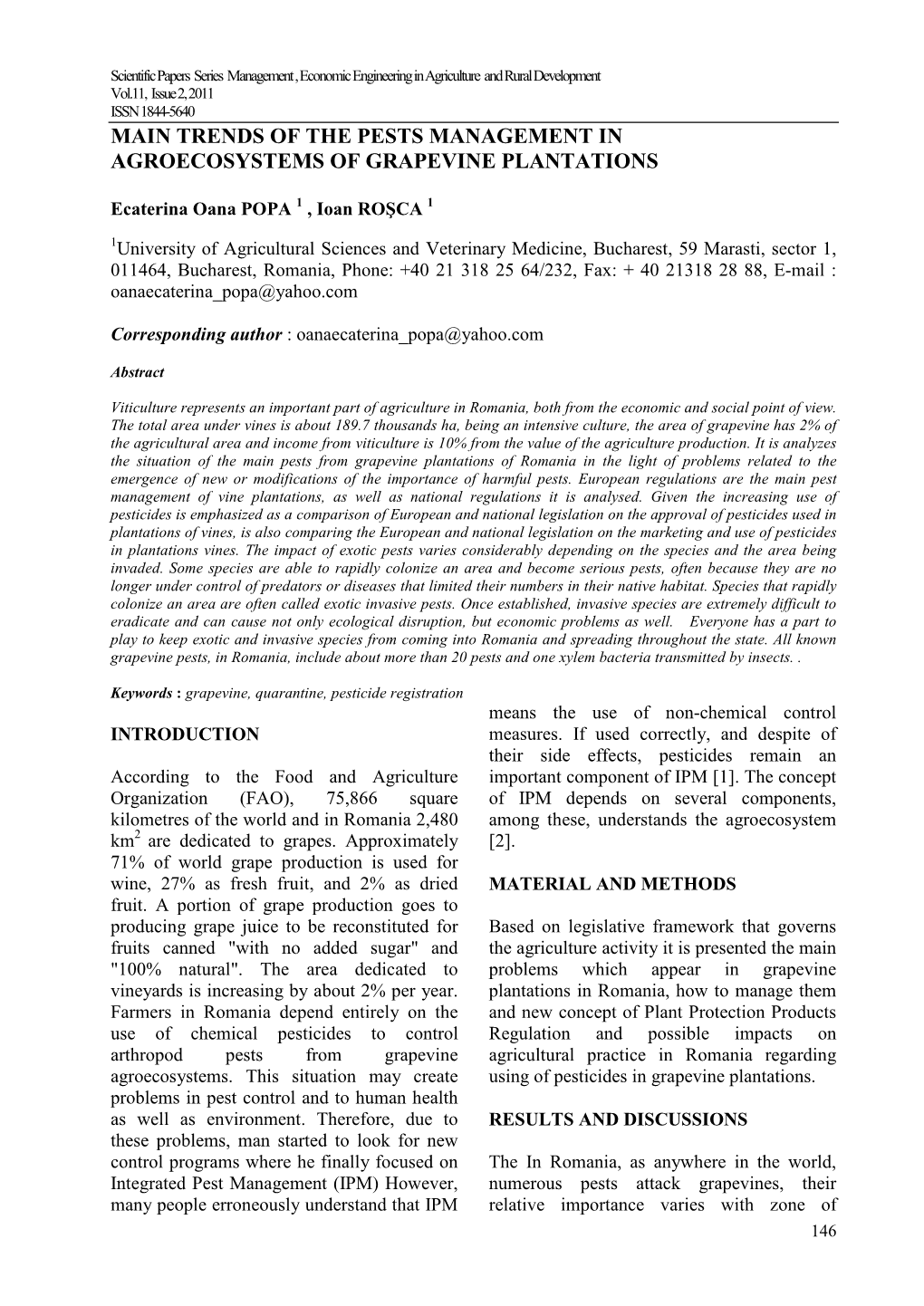 Trends of the Pests Management in Agroecosystems of Grapevine Plantations