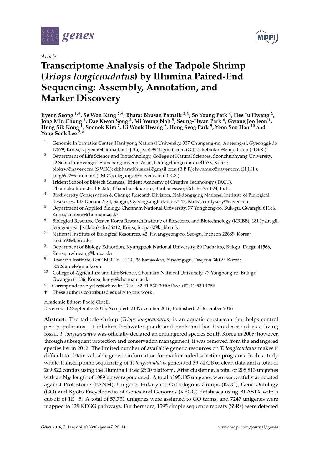 Triops Longicaudatus) by Illumina Paired-End Sequencing: Assembly, Annotation, and Marker Discovery