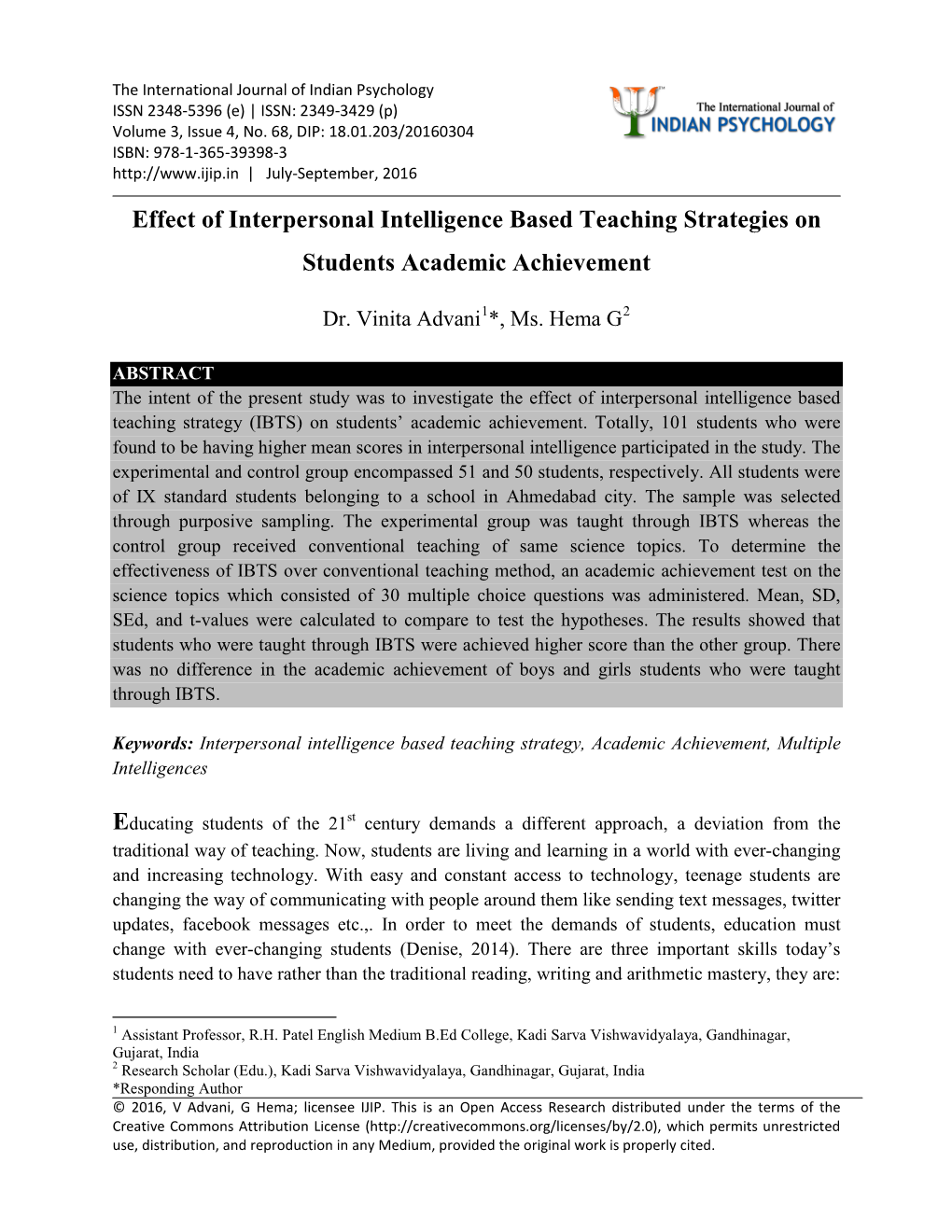 Effect of Interpersonal Intelligence Based Teaching Strategies on Students Academic Achievement