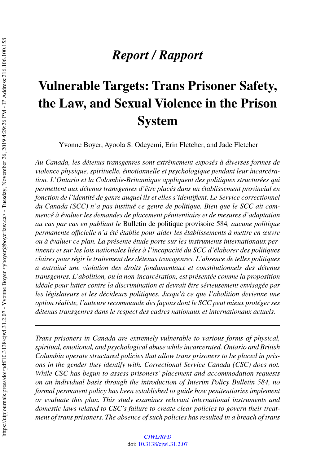 Trans Prisoner Safety, the Law, and Sexual Violence in the Prison System