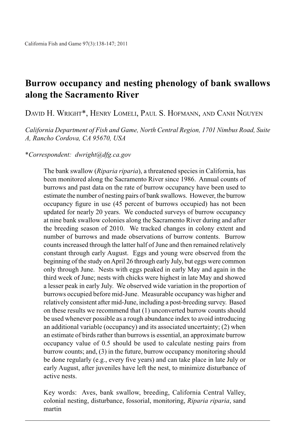 Burrow Occupancy and Nesting Phenology of Bank Swallows Along the Sacramento River