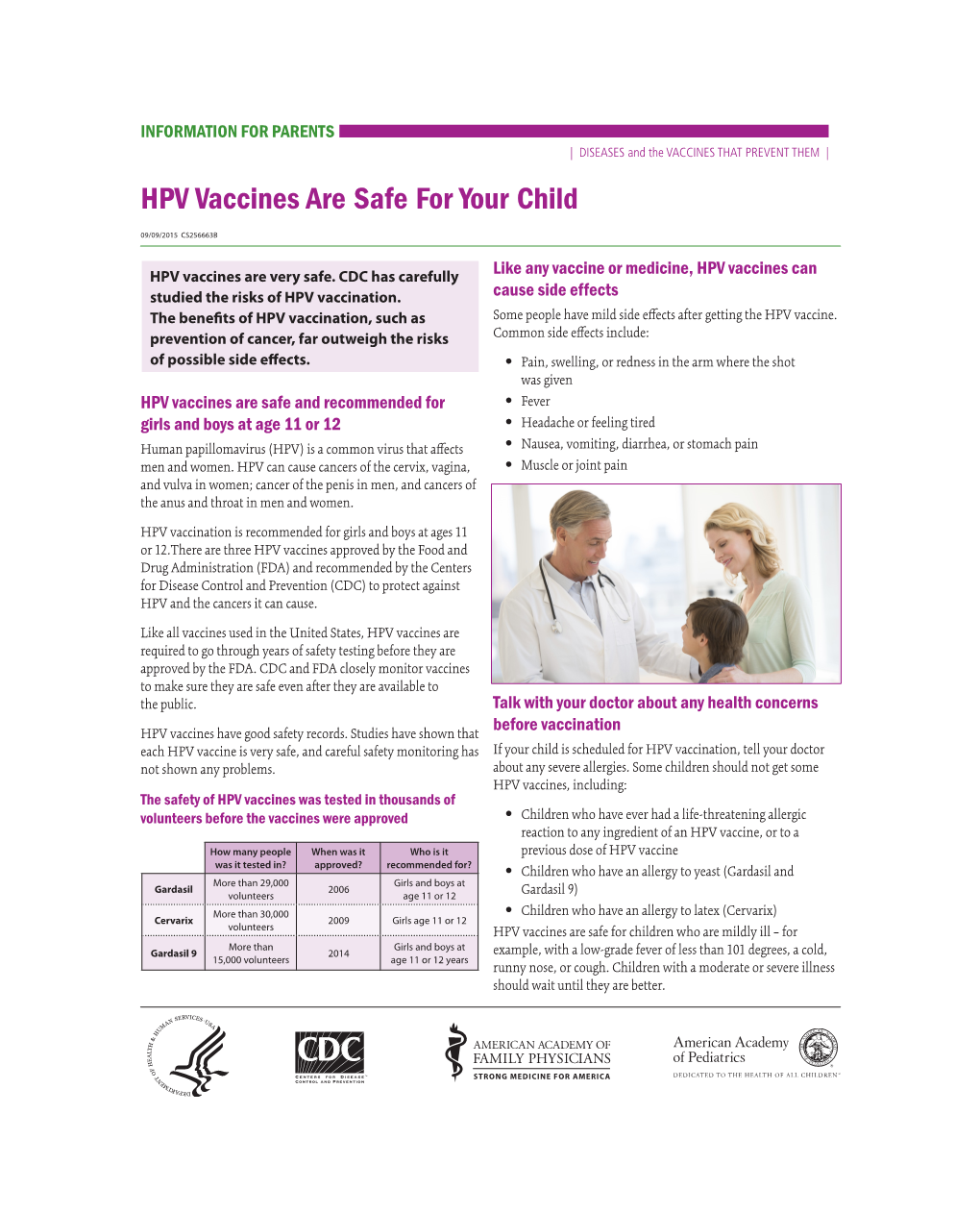 INFORMATION for PARENTS | DISEASES and the VACCINES THAT PREVENT THEM | HPV Vaccines Are Safe for Your Child